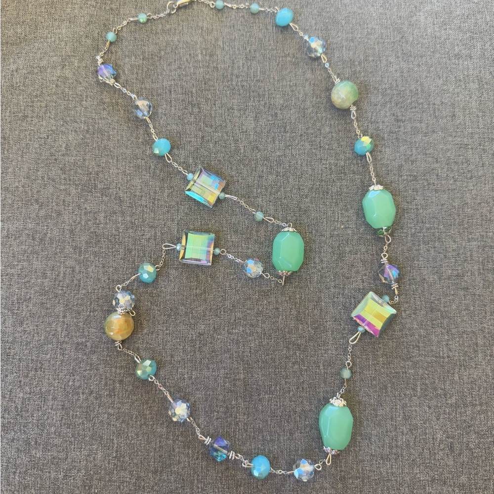 Iridescent Bead Necklace with Gemstone Accents Green Chalcedony Agate Crystals